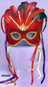 RED VELVET MASK W/ FEATHERS, RIBBONS AND SEQUINS