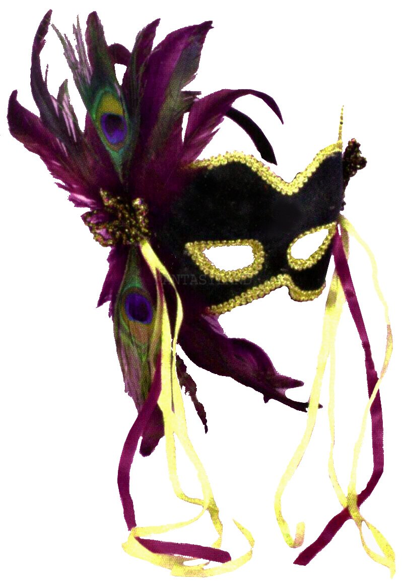 VELVET MASK in GREEN with FEATHERS & RIBBONS