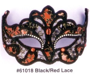 LACE HALF MASK, RED / BLACK with RHINESTONES